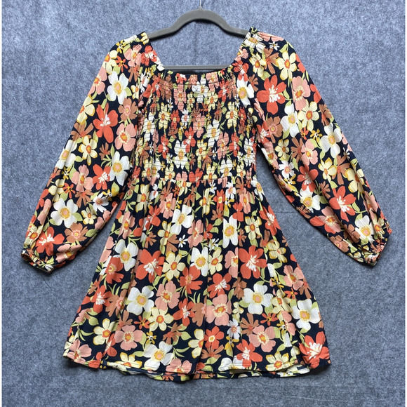 Billabong Dress Womens Large Black Floral Smocked Long Sleeve Boho Mini - Picture 8 of 9
